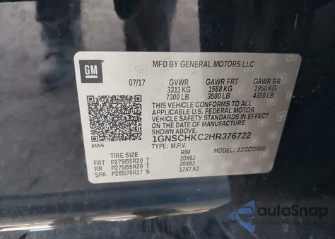 2017 Chevrolet Suburban Lt z USA, uszkodzony, nr VIN 1GNSCHKC2HR376722